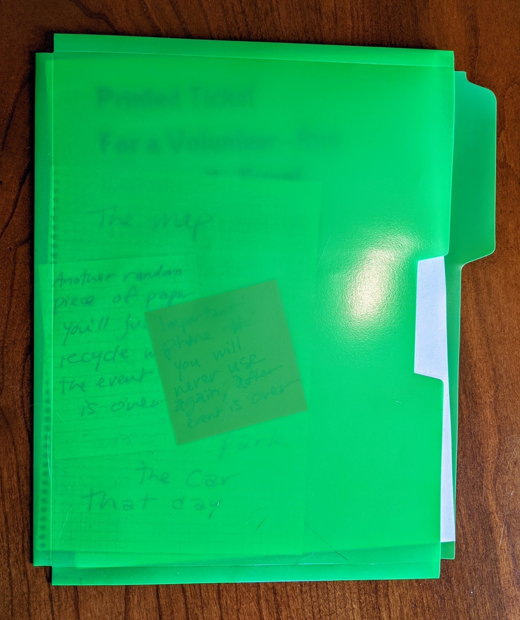 pile of papers now stored together in a semi-transparent plastic pocket folder