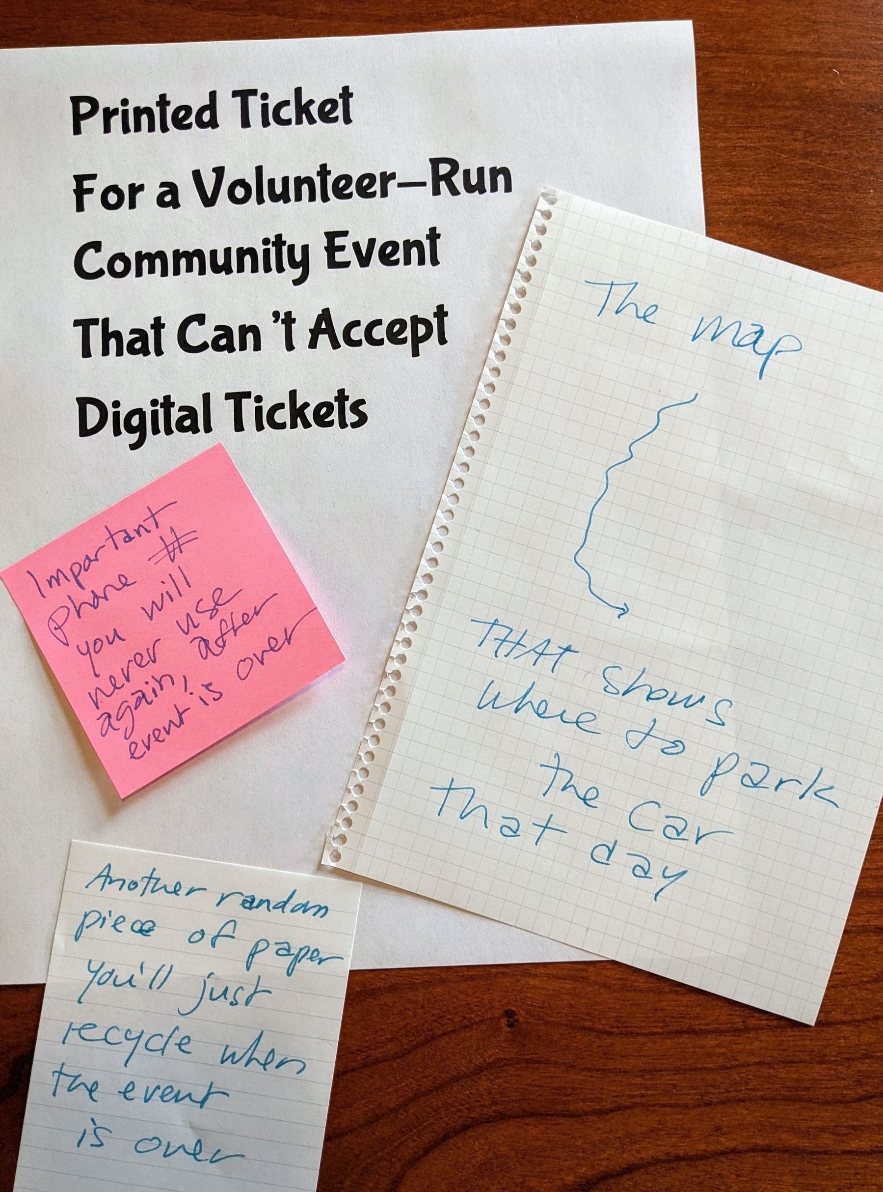 a pile of variously sized papers related to an event including a ticket, a post-it note with a telephone number, a map, and a handwritten note
