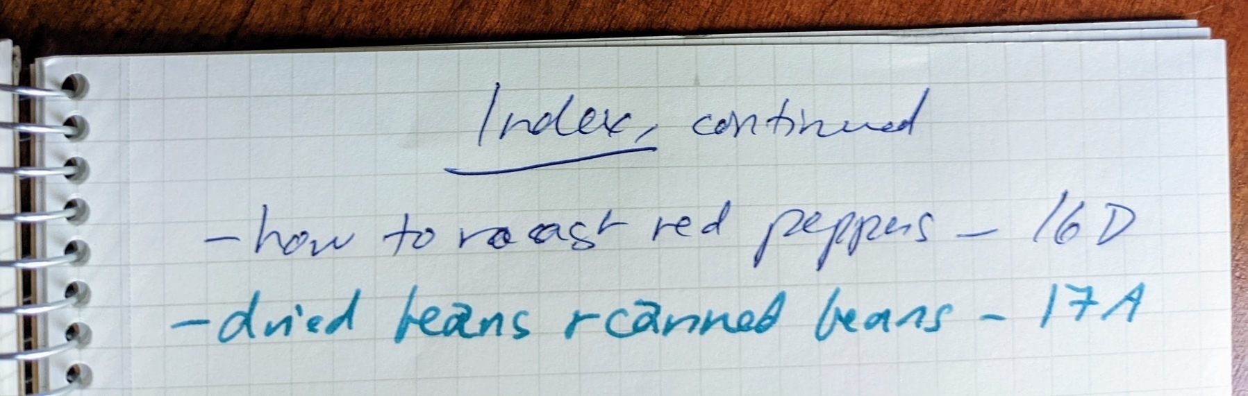 handwritten index page with a tab labeled index, and entries listed next to their quadrant