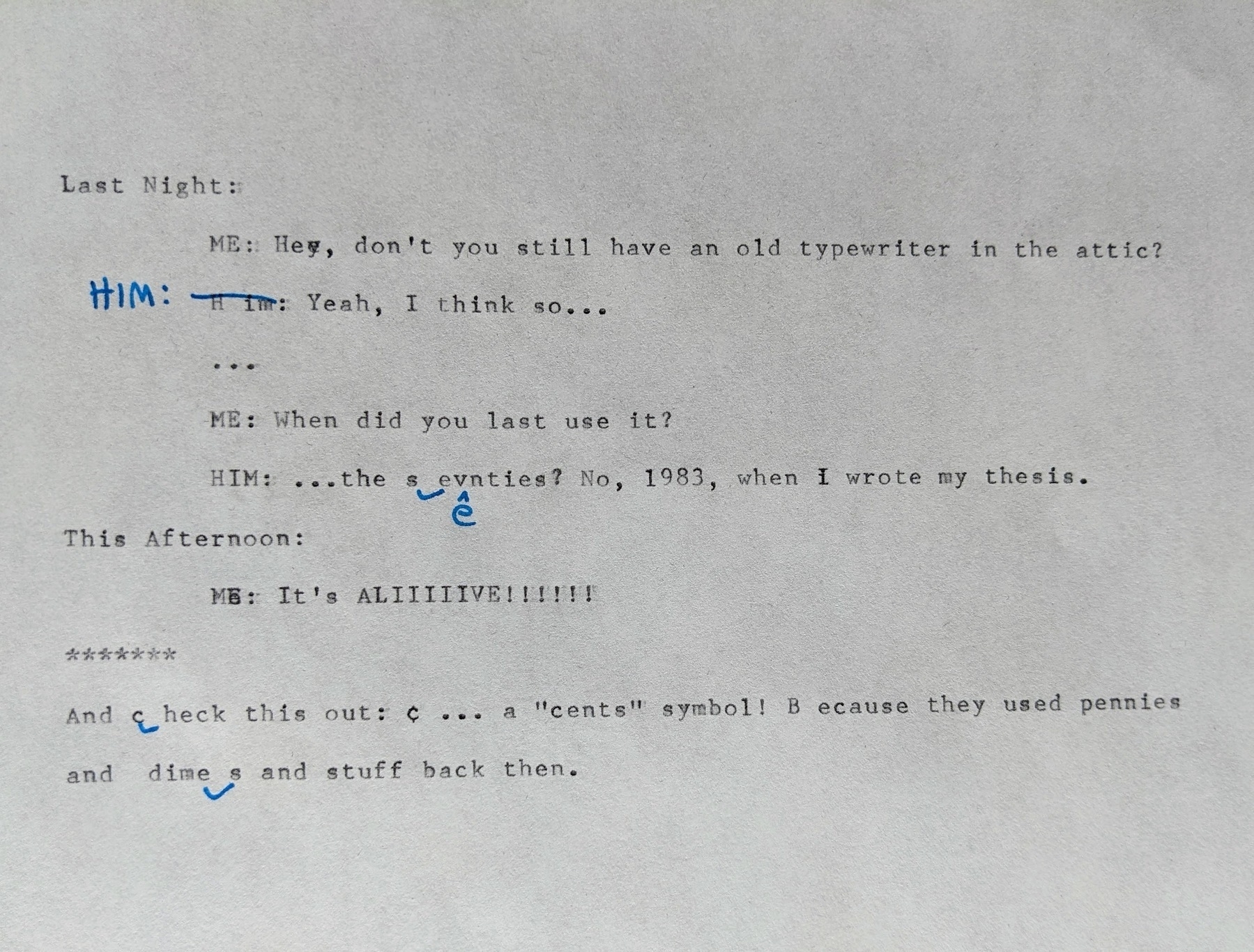 a page with a typewritten dialogue indicating the typewriter dates from the mid-twentieth century