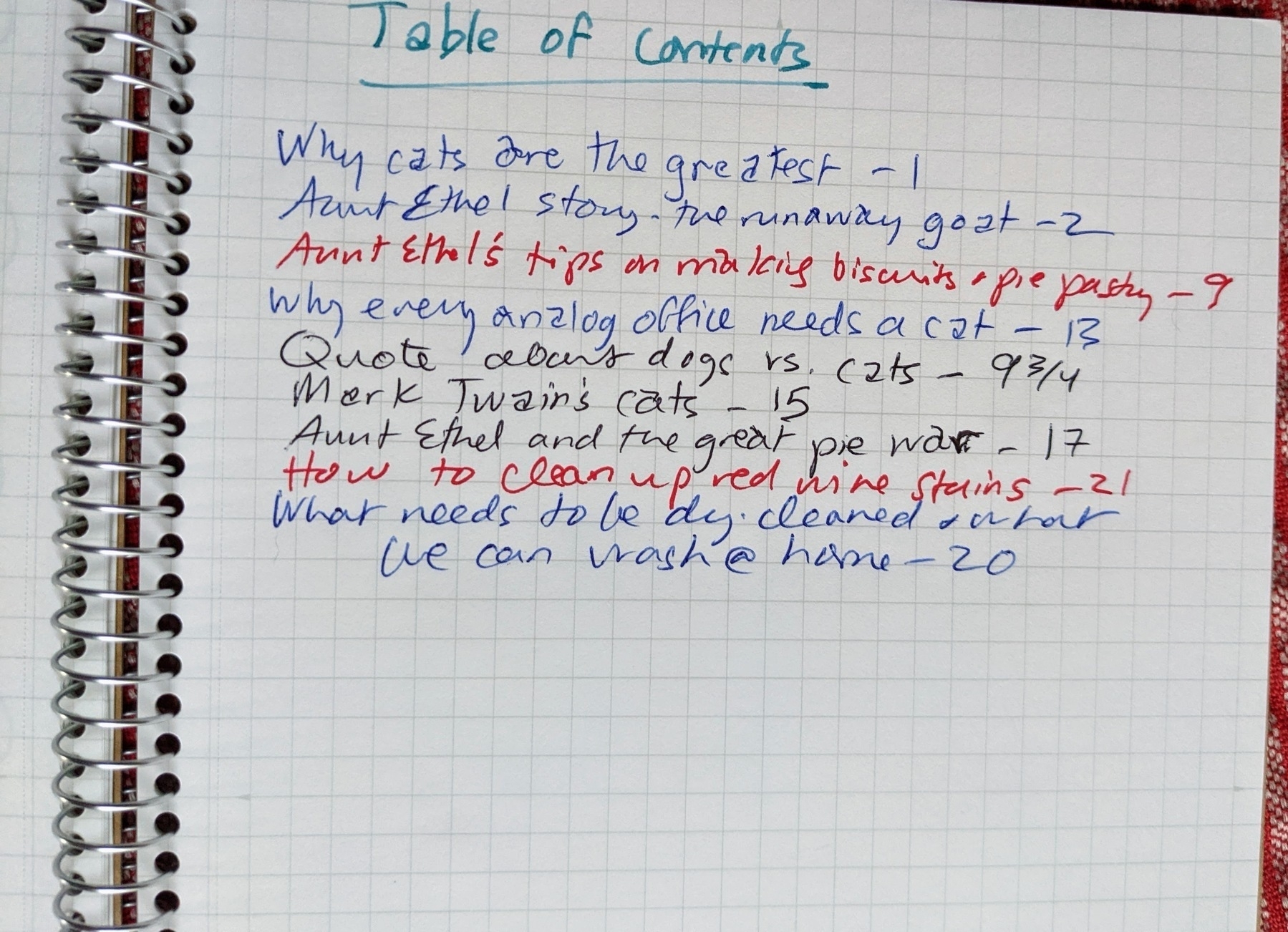 handwritten table of contents in a paper notebook, with page numbers listed next to sample titles