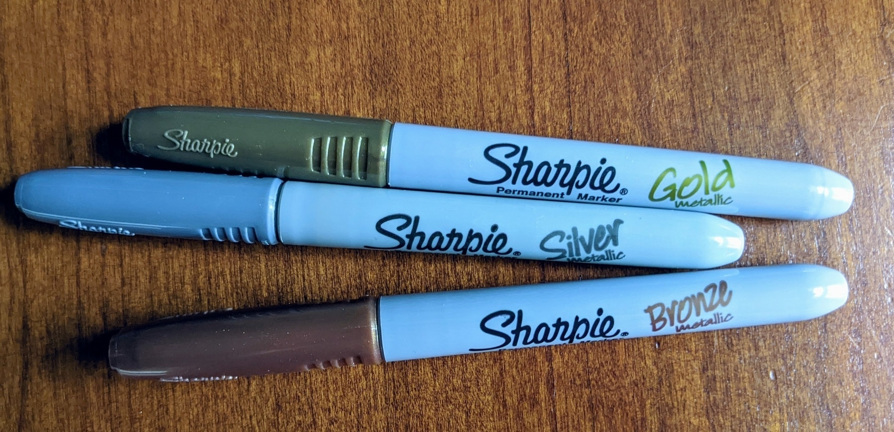 set of three sharpie metallic ink pens, in silver, gold, and bronze