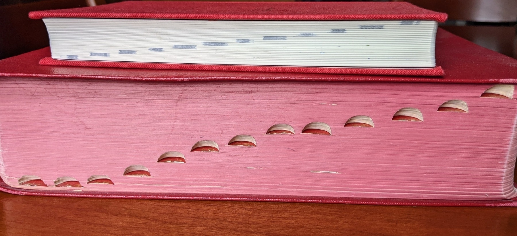 two books stacked on each other, showing fore-edge indexes