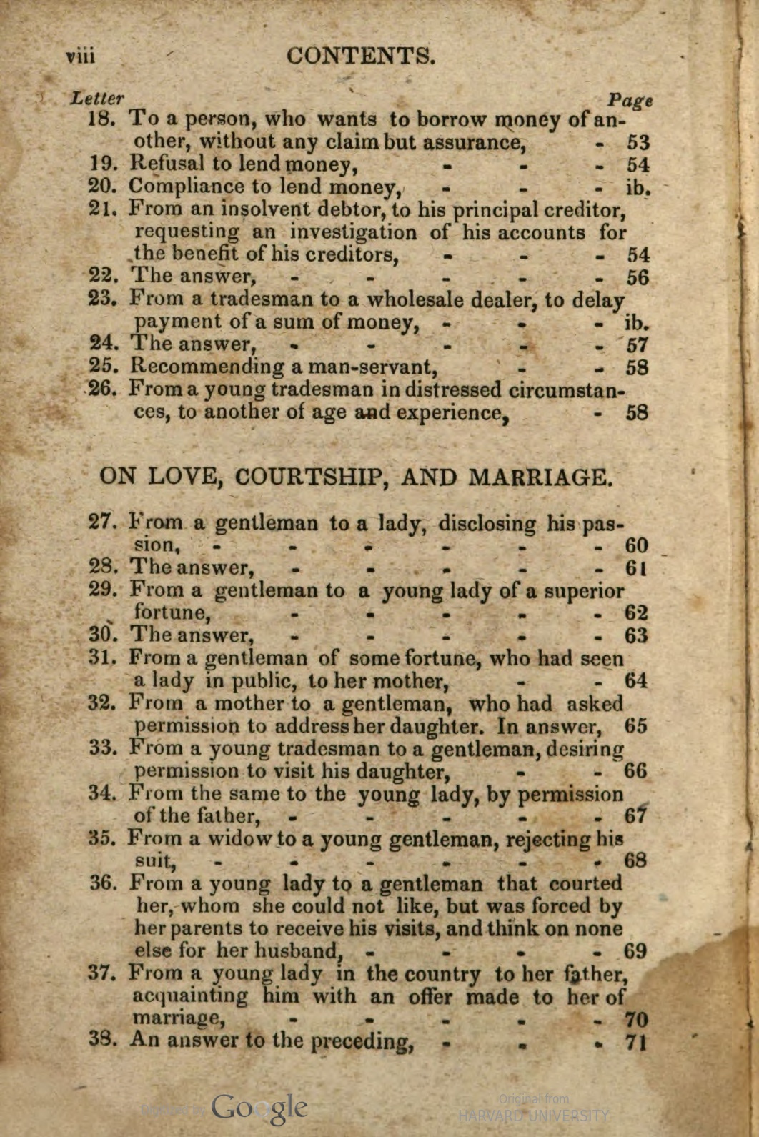 end of contents section listing letters dealing with business, employment, next to beginning of contents section listing letters dealing with love, courtship, and marriage